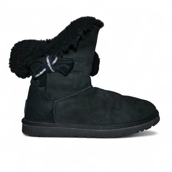 Ugg Jackee Sheepskin Swarovski Crystal Short Boots Women’s Size 9 Black Bow EUC - Picture 1 of 14